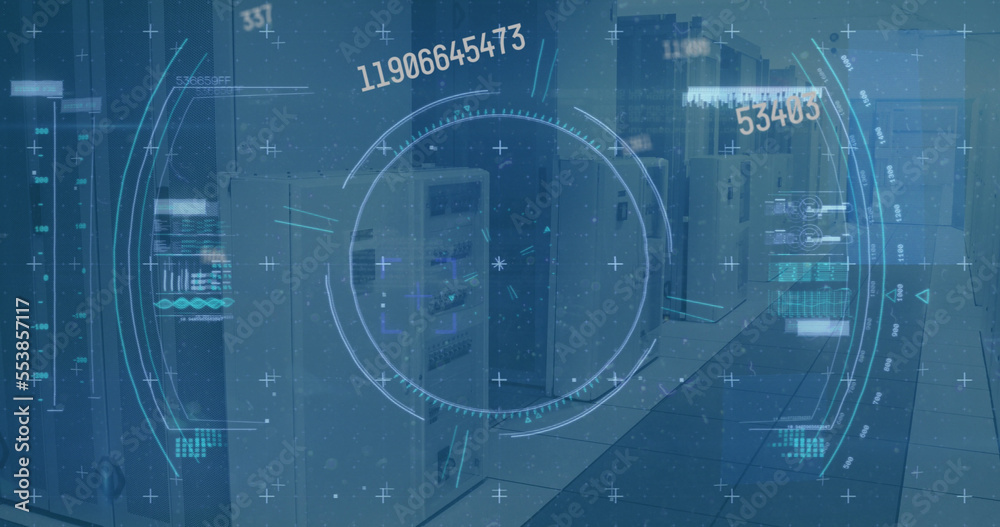 Image of scope scanning and data processing over empty office