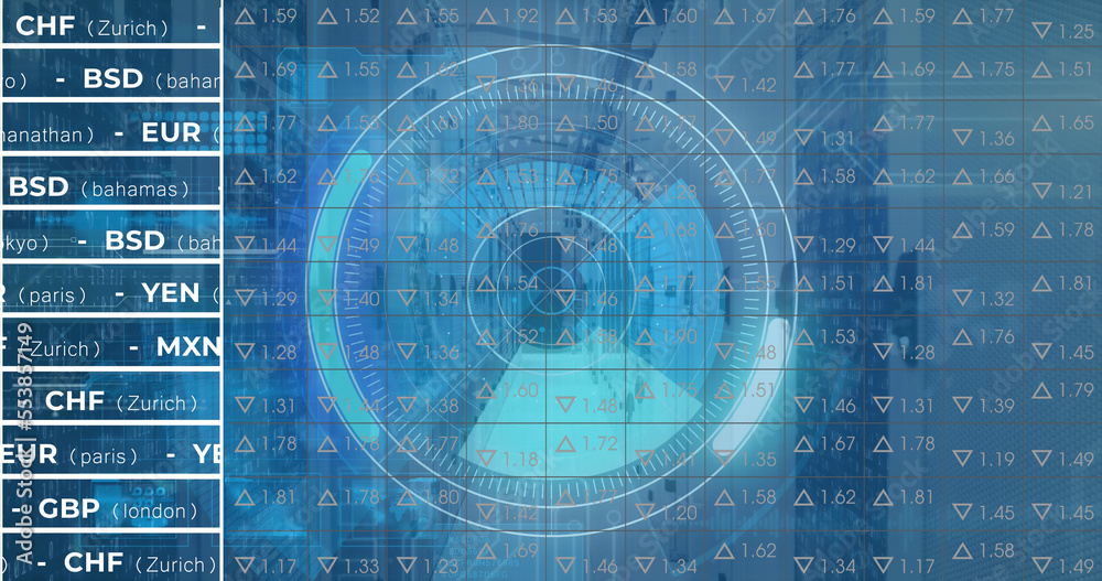 Image of stock market over scope scanning and server room