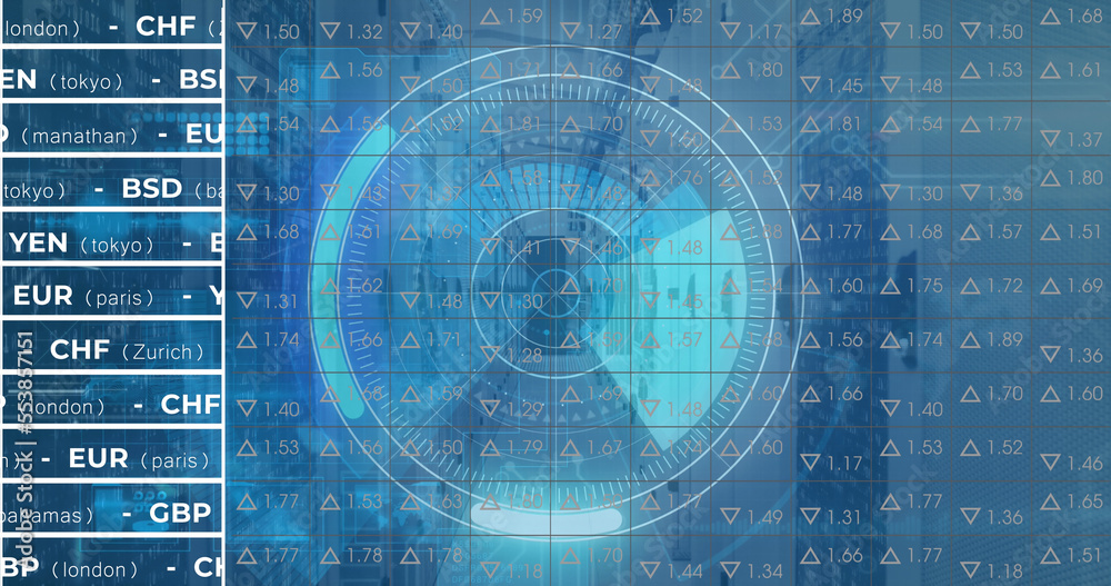 Image of stock market over scope scanning and server room