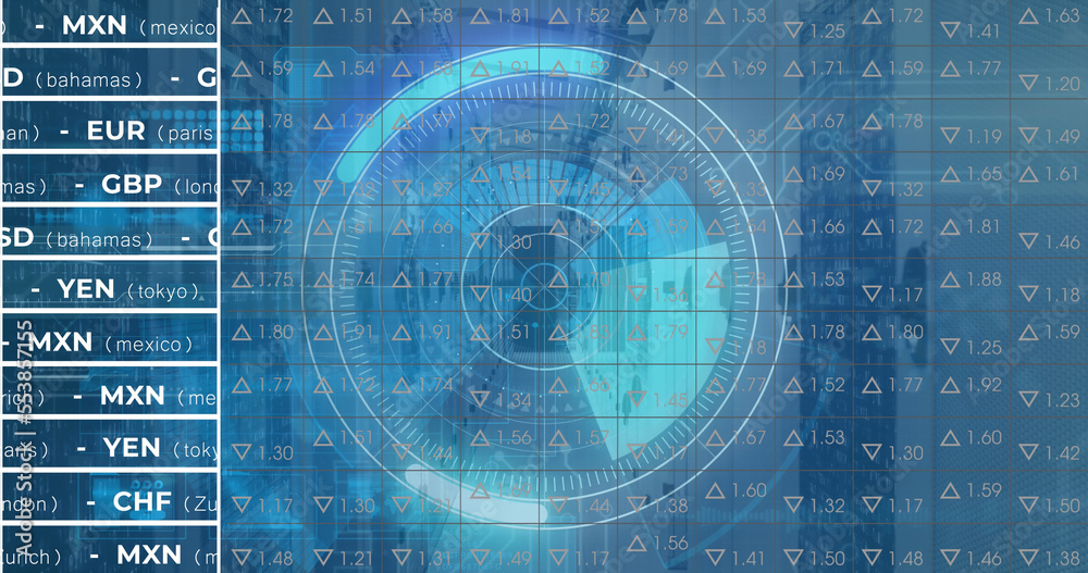 Image of stock market over scope scanning and server room