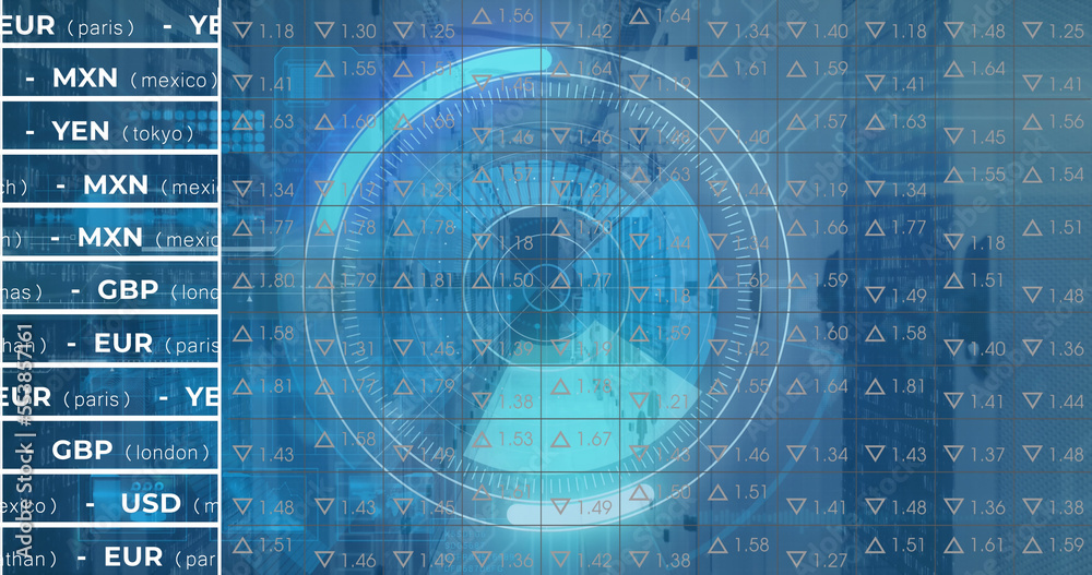 Image of stock market over scope scanning and server room