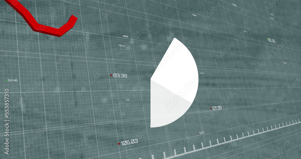 Pie graph and red graph moving over financial data processing against empty office