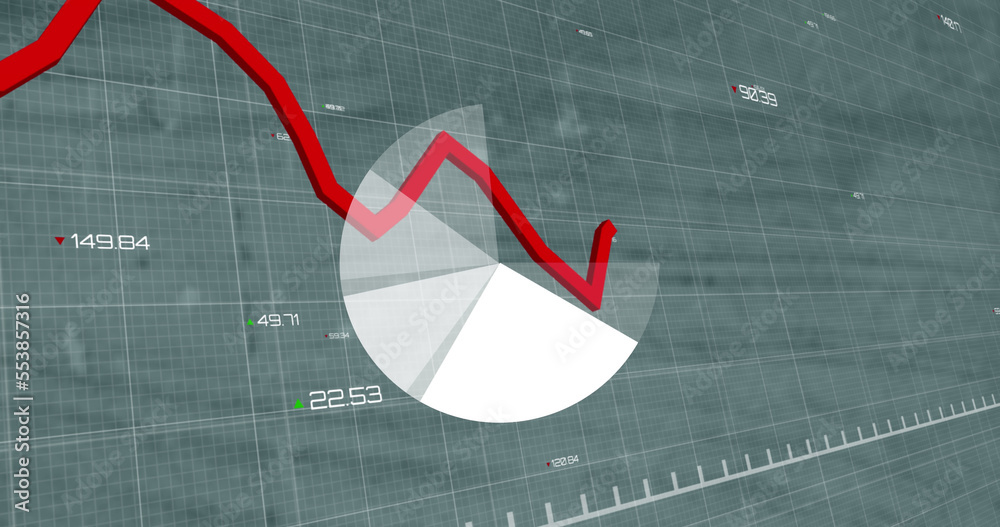 Pie graph and red graph moving over financial data processing against empty office