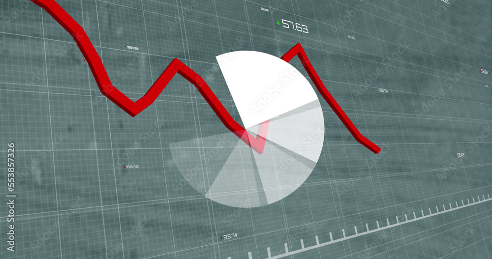 Pie graph and red graph moving over financial data processing against empty office