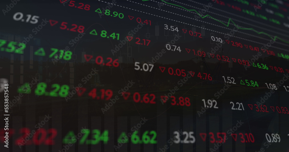 Image of scope scanning with computer icon over stock market on black background