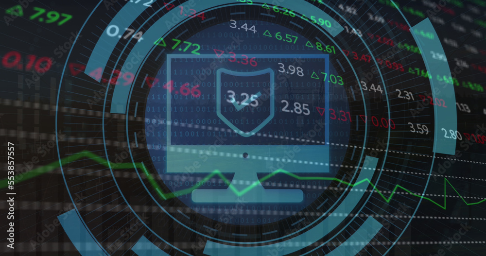 Image of scope scanning with computer icon over stock market on black background