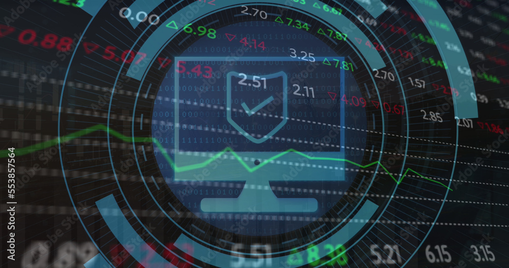 Image of scope scanning with computer icon over stock market on black background