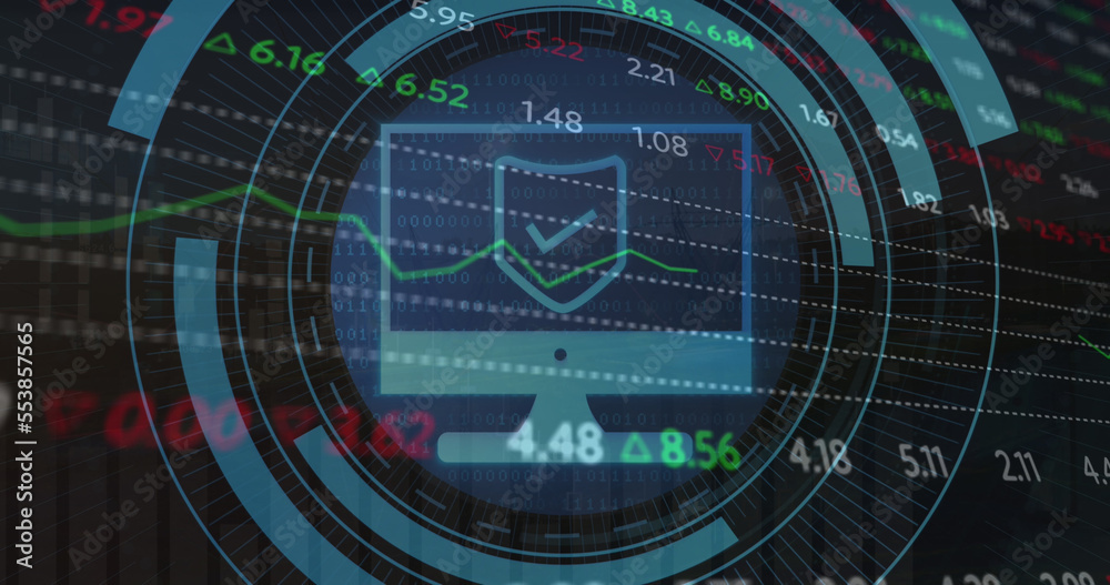 Image of scope scanning with computer icon over stock market on black background