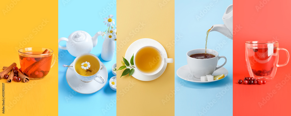 Collage of tasty hot tea on color background