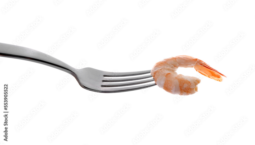 Fork with tasty boiled shrimp tail isolated on white background