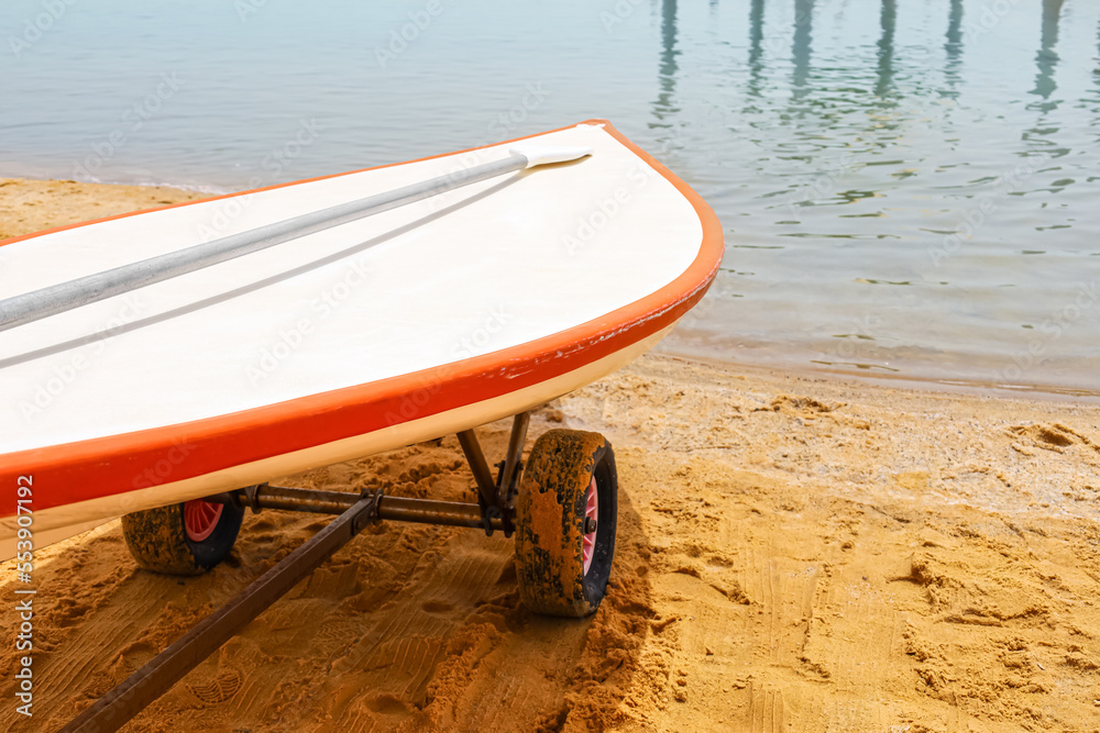 Paddle board on sea shore, closeup