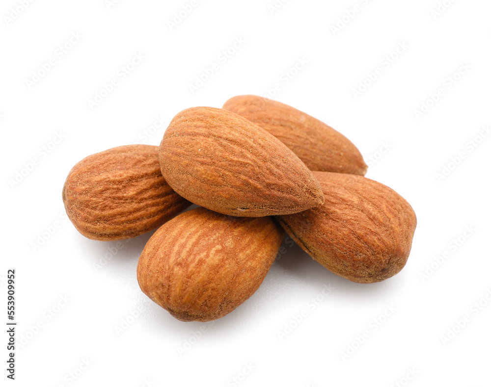 Pile of tasty almonds on white background