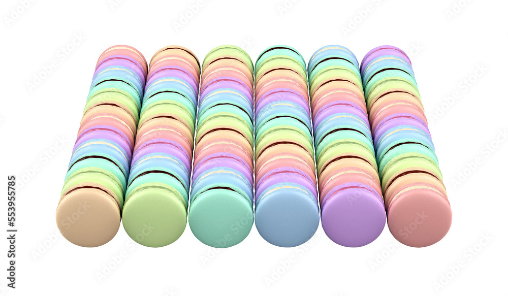 Many rows with colorful french macarons on transparent background