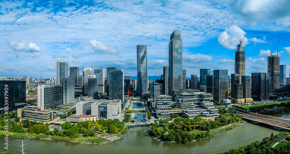 Aerial view of city skyline and modern buildings scenery in Ningbo, Zhejiang Province, China.