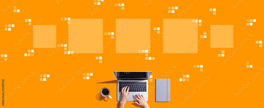 Digital square boxes with person working with a laptop