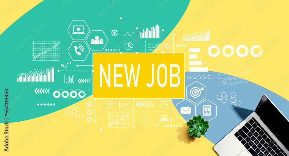 New job theme with a laptop computer on a yellow, green and blue pattern background