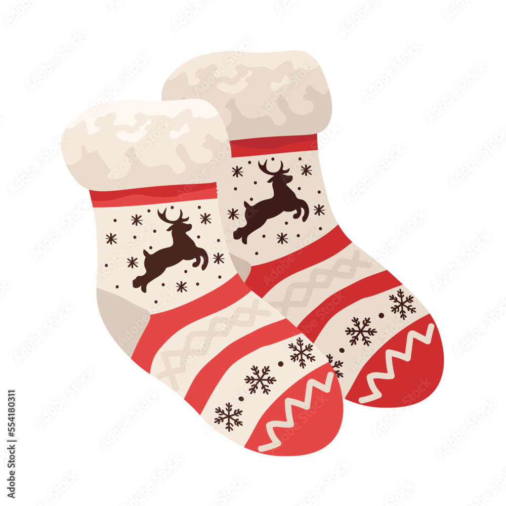 Stylish Christmas socks on white background