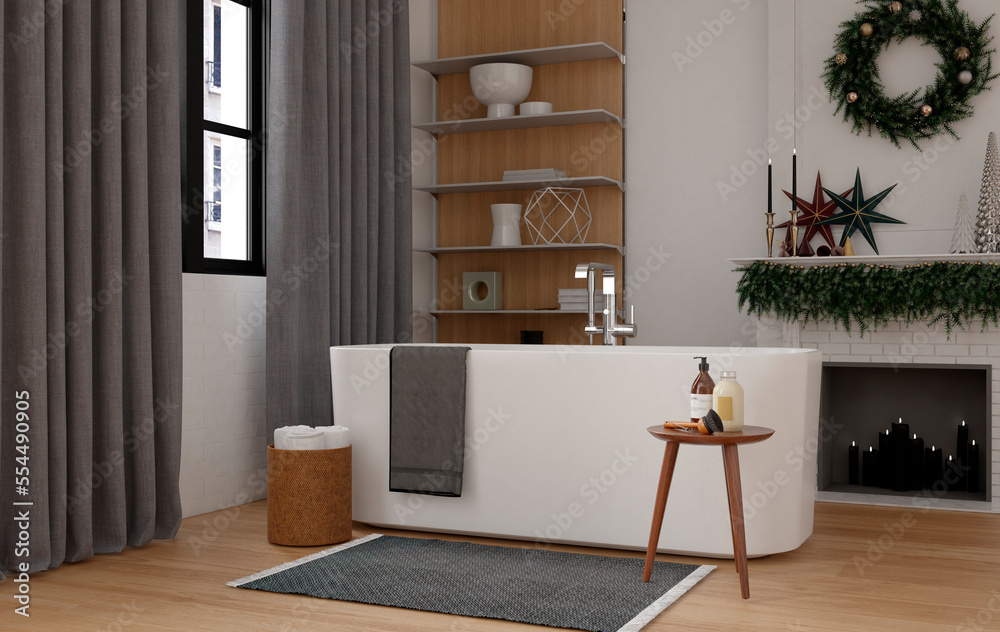 Modern bathroom interior with wooden decor in eco style. 3D Render	