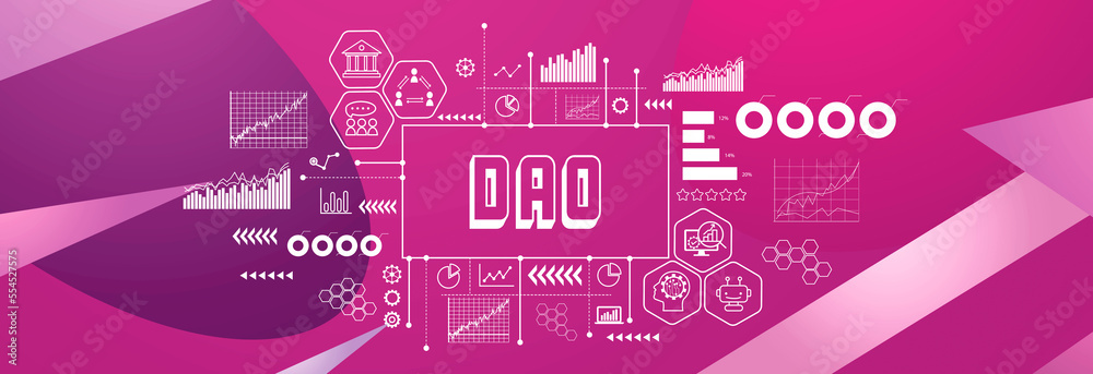 DAO- Decentralized Autonomous Organization theme on a geometric pattern background