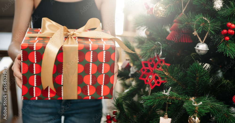 Womans hands hold christmas or new year decorated gift box.