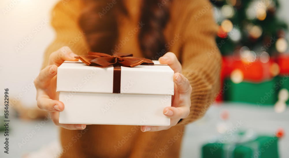 Womans hands hold christmas or new year decorated gift box.