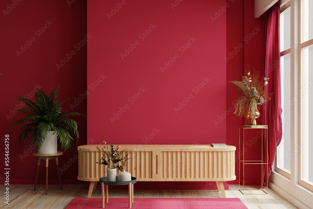 Cabinet for TV in modern living room on white viva magenta wall background.