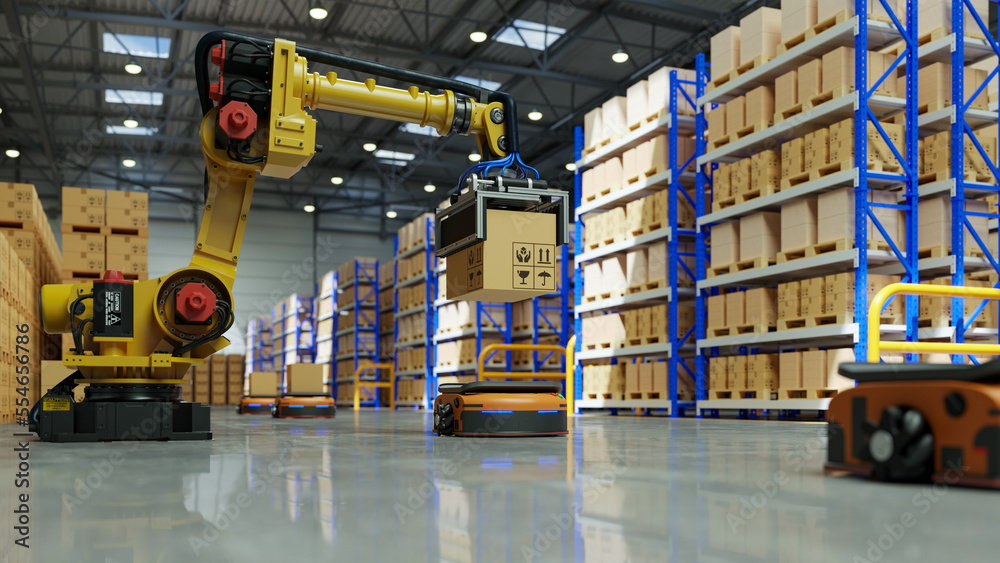 Factory Automation with AGV robot and robotic arm in transportation to increase transport more with 