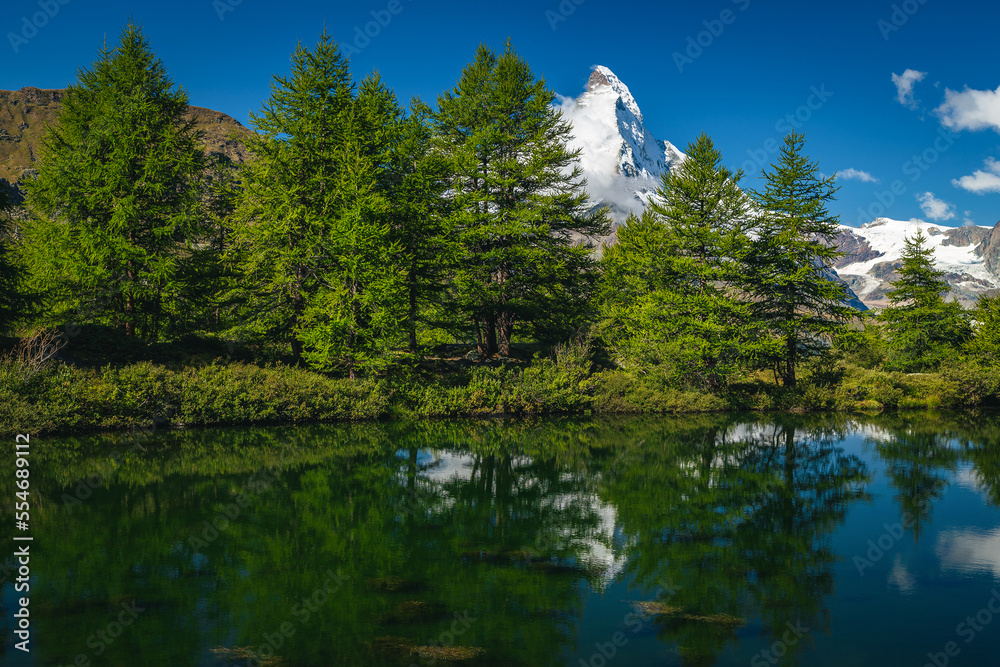 Grindjisee lake and famous Matterhorn peak in background, Zermatt, Switzerland