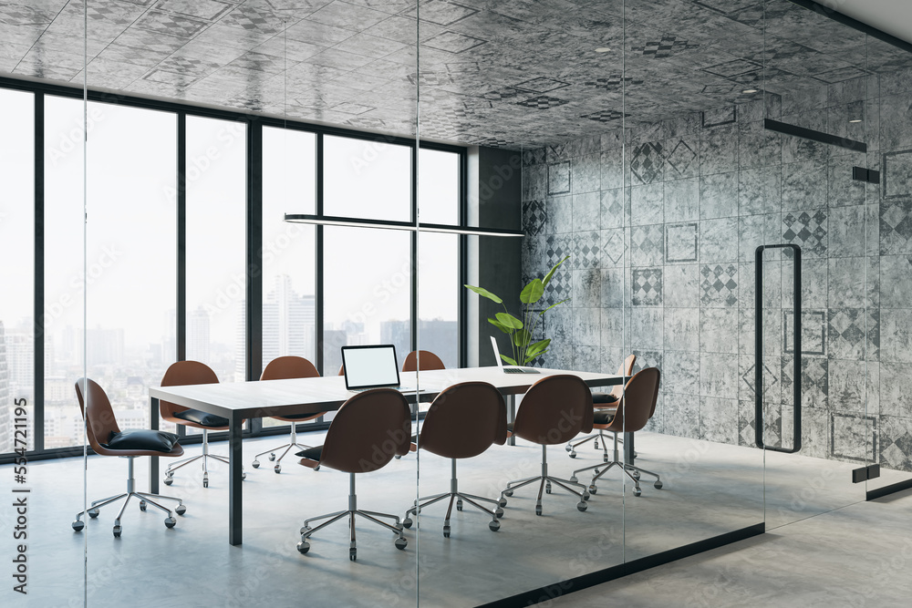 Contemporary tile conference room interior with furniture, panoramic glass window with city view. La