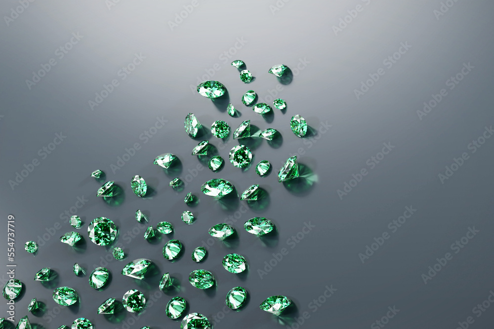 Green Emerald Diamond Group Placed On Glossy Background, 3d illustration.