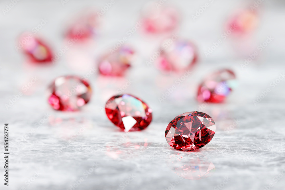 Ruby Gem Diamond组放置在光滑的背景上进行三维渲染