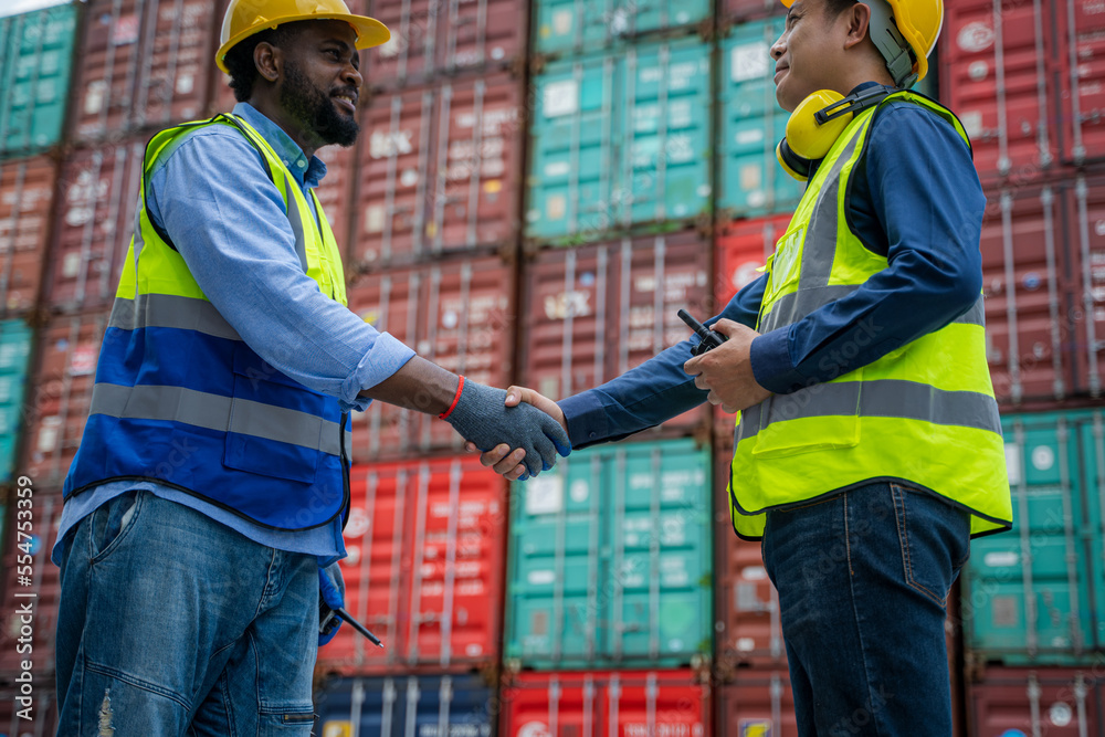 Engineering with worker team stack hands after checking or inspect many containers in stockyard,Succ