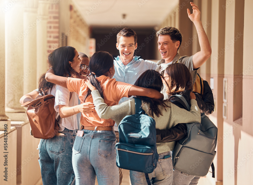 Group of people, happy students and hug for education celebration, interracial support or study proj