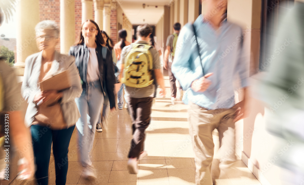 University, campus and busy students walking to class for learning, studying and education. College,