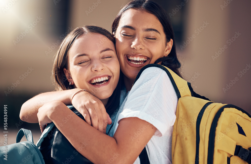 Girls, bonding and fun hug on school, college or university campus for social gathering, exam pass c