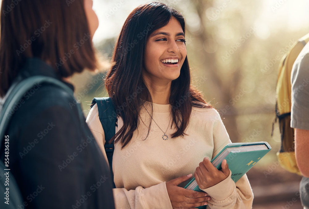 Happy, books or indian woman student with friends at school, college or university outdoor for learn