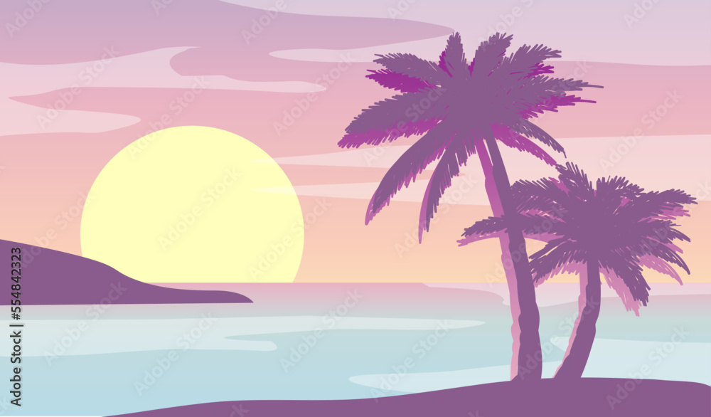 Cartoon flat panoramic landscape, sunset with the palms on colourful background. Vector illustration