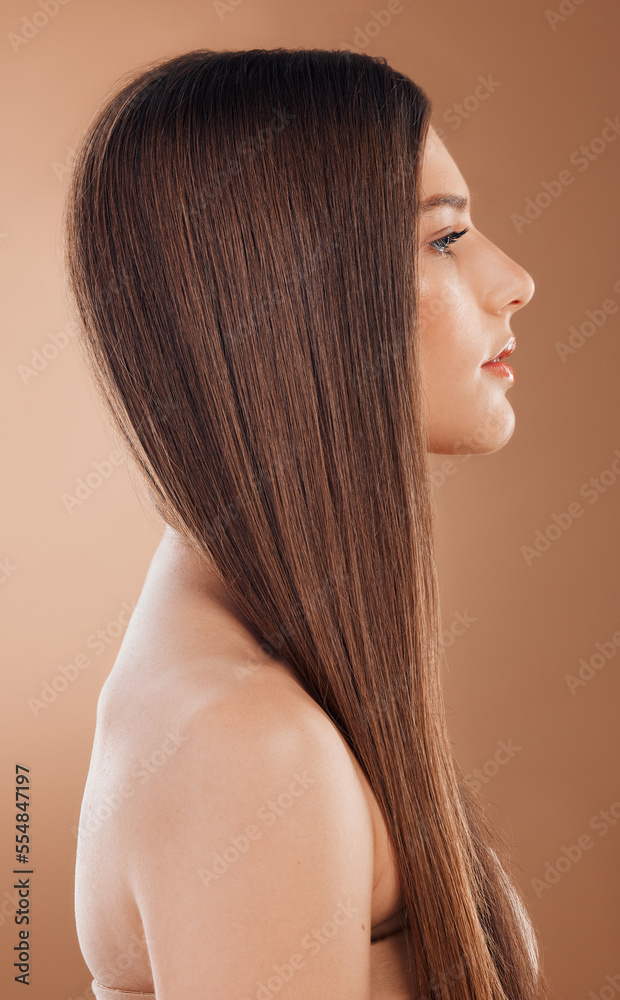 Woman, beauty and hair care in studio for shine, glow and keratin treatment, texture or color on bro