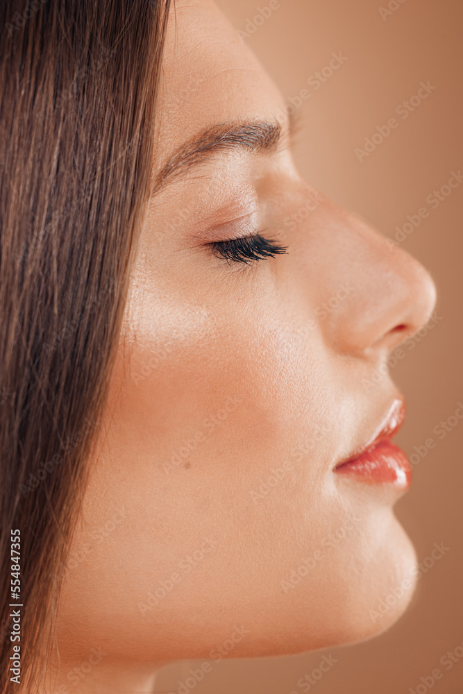 Woman, skincare beauty and face profile in studio for cosmetics makeup, luxury skin wellness or natu