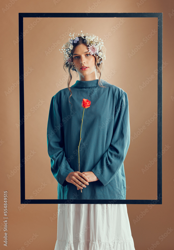 Woman, floral crown and studio with frame, rose or beauty for fashion in portrait by background. Mod