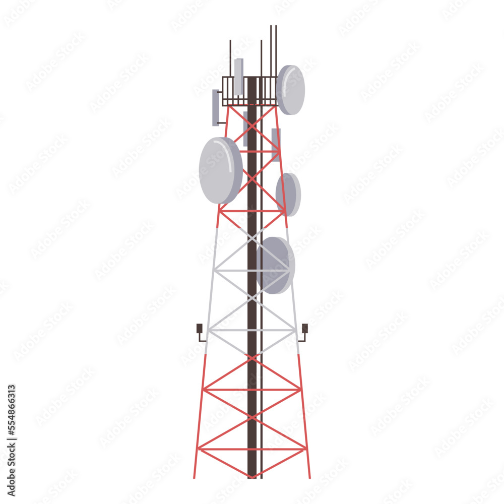 Radio tower with antenna, broadcasting equipment. Vector towered communication technology antenna, t