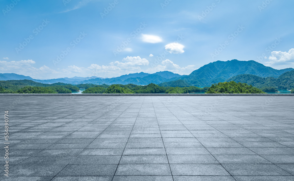 Empty square floor and green mountain with sky cloud landscape