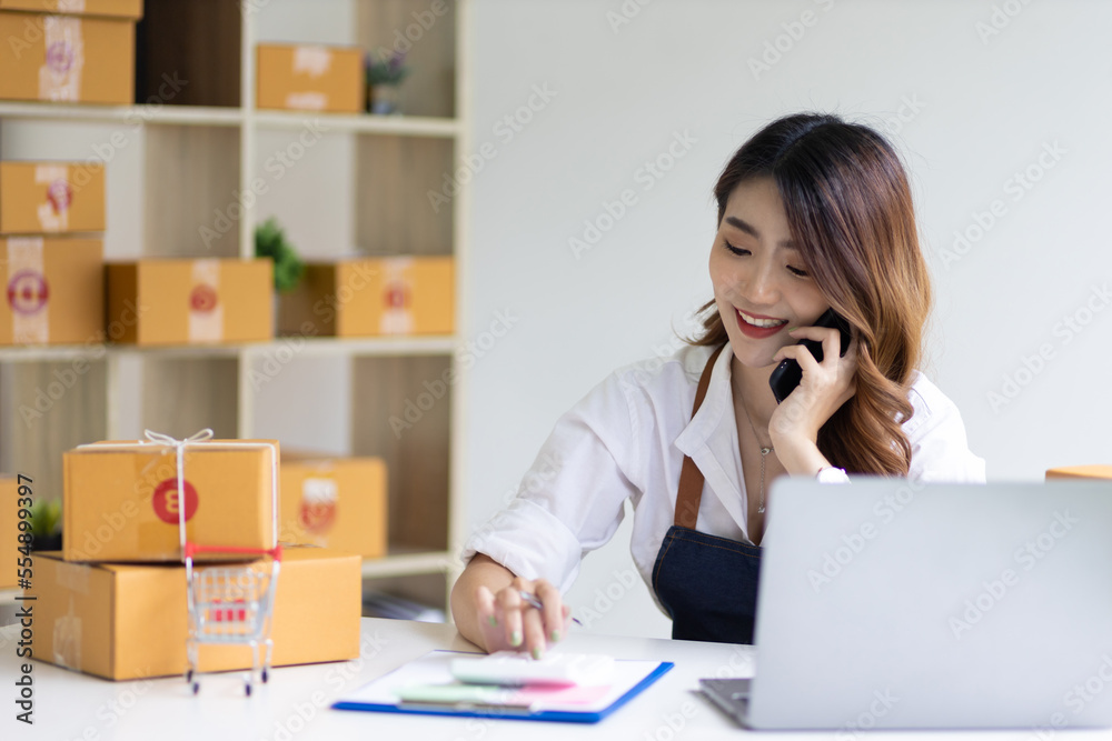 一位年轻女性，电子商务在线小企业主，与一位合伙人打电话并使用计算器