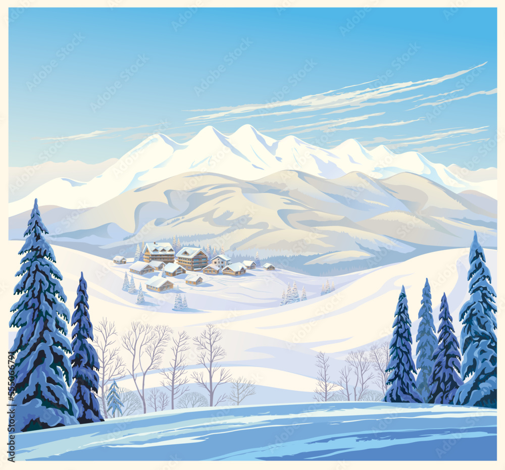 Winter mountain landscape with fir-trees in the foreground with houses - hotel of the ski resort. Ve