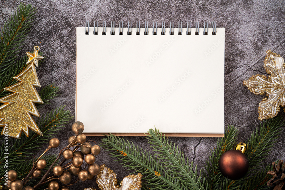 Christmas and New year goals, plan and action design concept with blank note book.