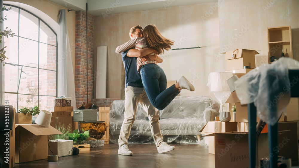 Family New Home Moving in: Happy Girlfriend Returns Home and Finds Her Happy Man Doing Unpacking, Th