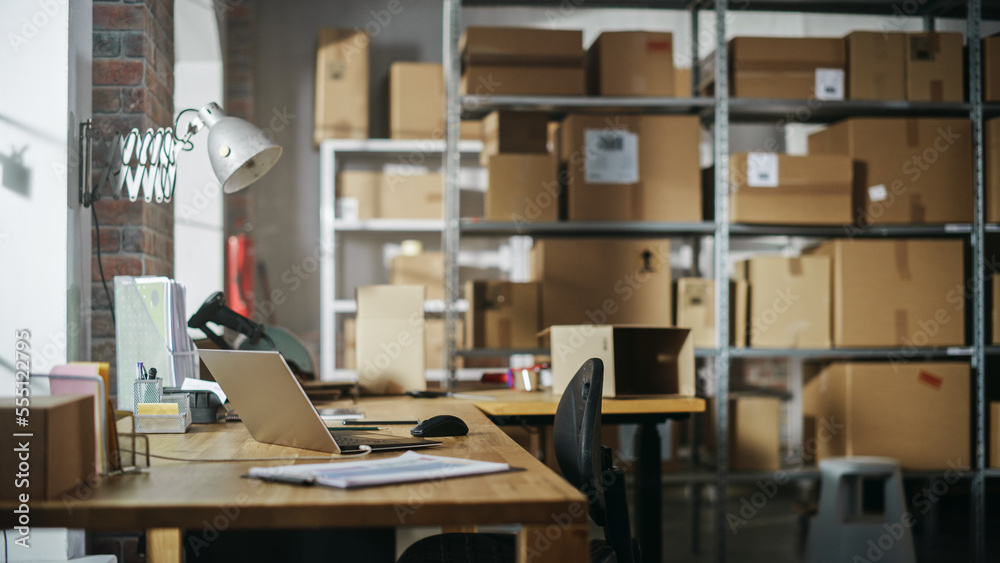 Establishing Shot of a Warehouse Worker at Work in Internet Shops Storeroom. Small Business Owner o