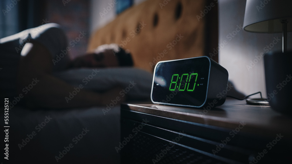 Man Wakes Up and Turns off Alarm Clock. Early Rising Productive Man Ready Start a Day of New Busines