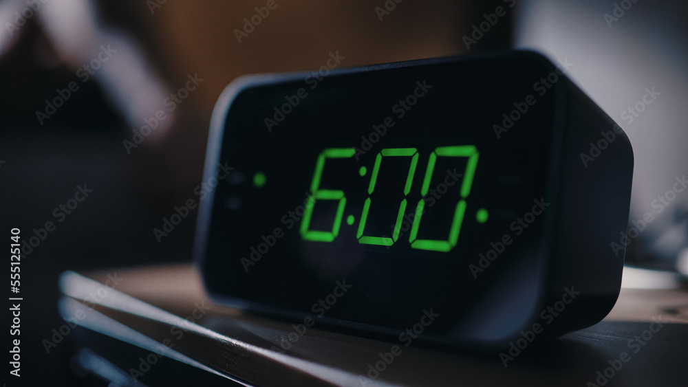 Person Wakes Up and Turns off Alarm Clock. Early Rising Productive Person Ready Start a Day with New