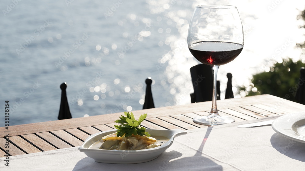 wine and appetizers at the seaside restaurant